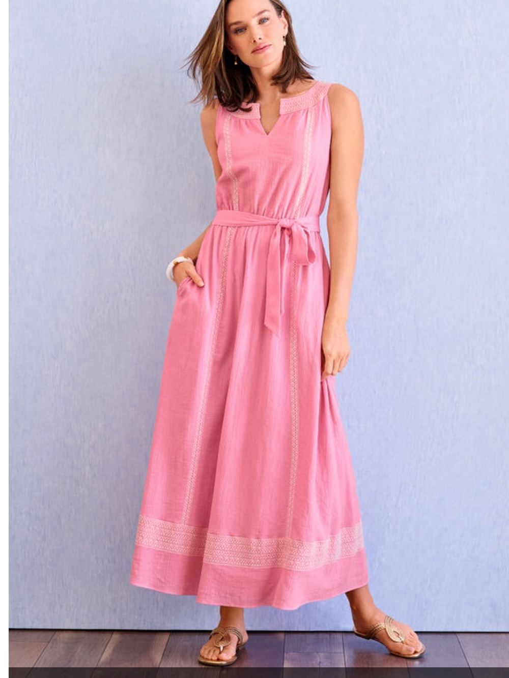 Talbots EMBROIDERED GAUZE BELTED MAXI DRESS Sleeveless Pink Maxi Dress size 12